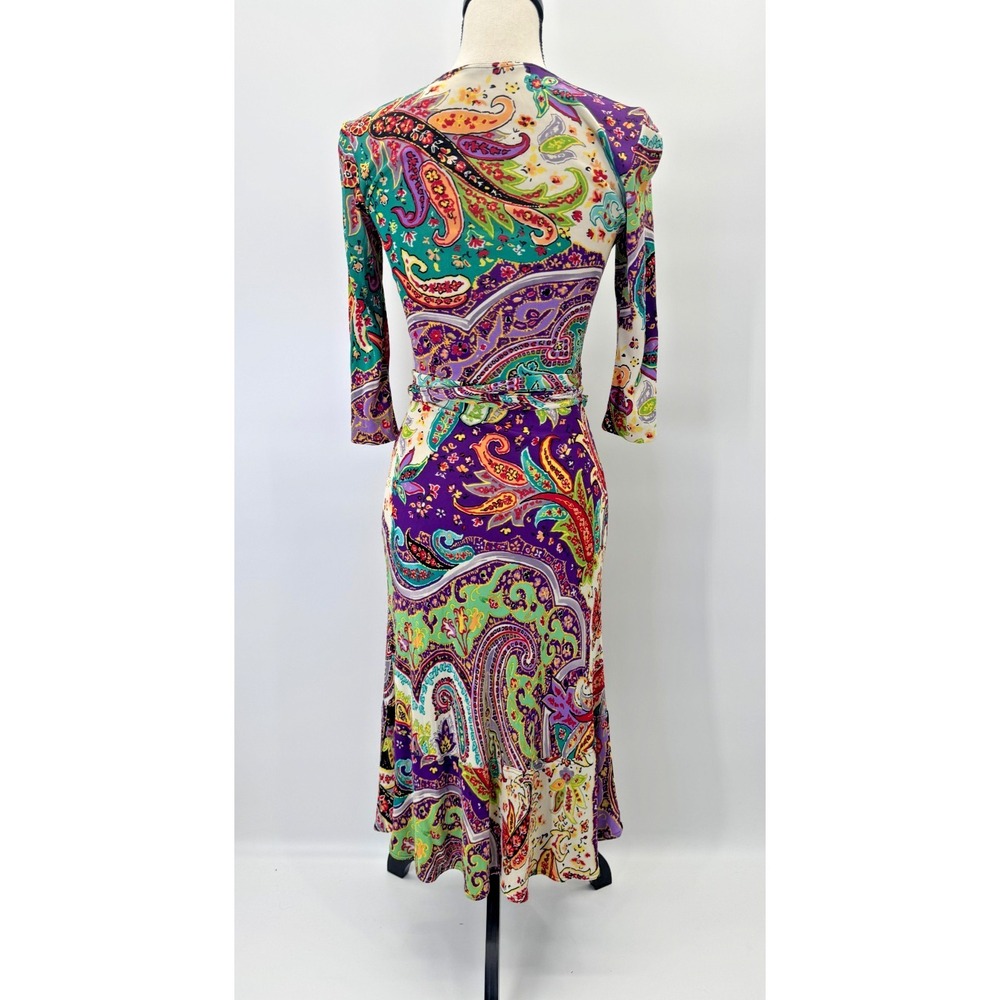 Etro Milano Boho 3/4 Sleeve Midi Wrap Dress Italy 38 Small 2 Deep V Belted Artsy - Picture 7 of 15